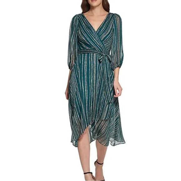 DKNY Metallic Stripe Print Surplice VNeck 3/4 Balloon Sleeve Tie Waist Faux Wrap - Picture 2 of 8